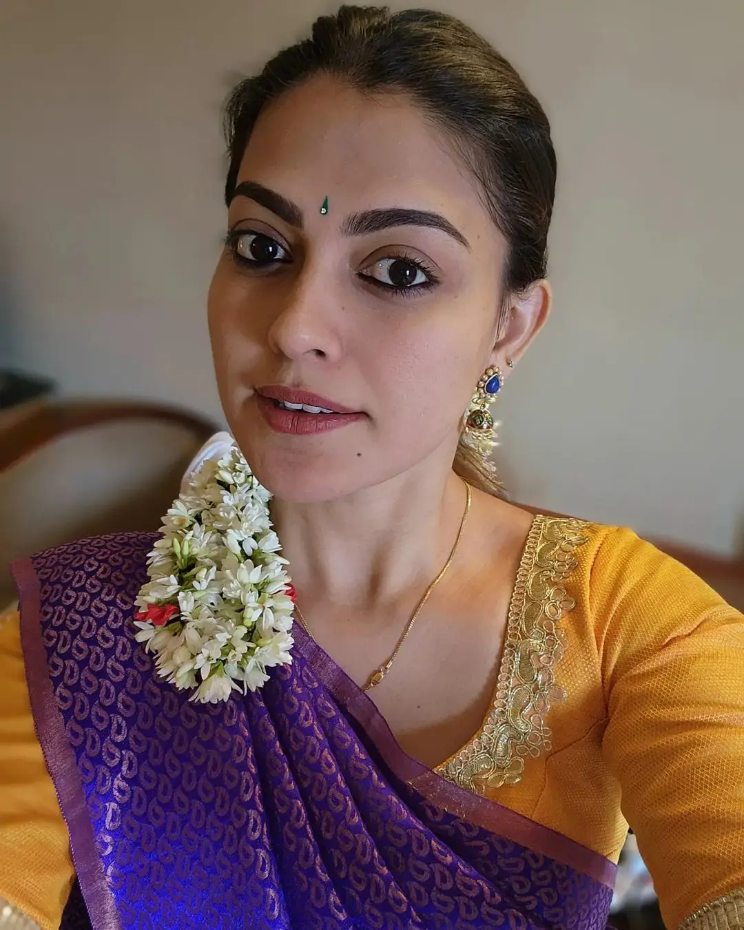 Anusree Nair Wearing Beautiful Earrings Jewellery Blue Saree Yellow Blouse